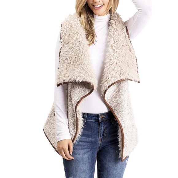 Love Tree Womens Faux Fur Vest Size Small Tan Pockets Open Front - Picture 2 of 13